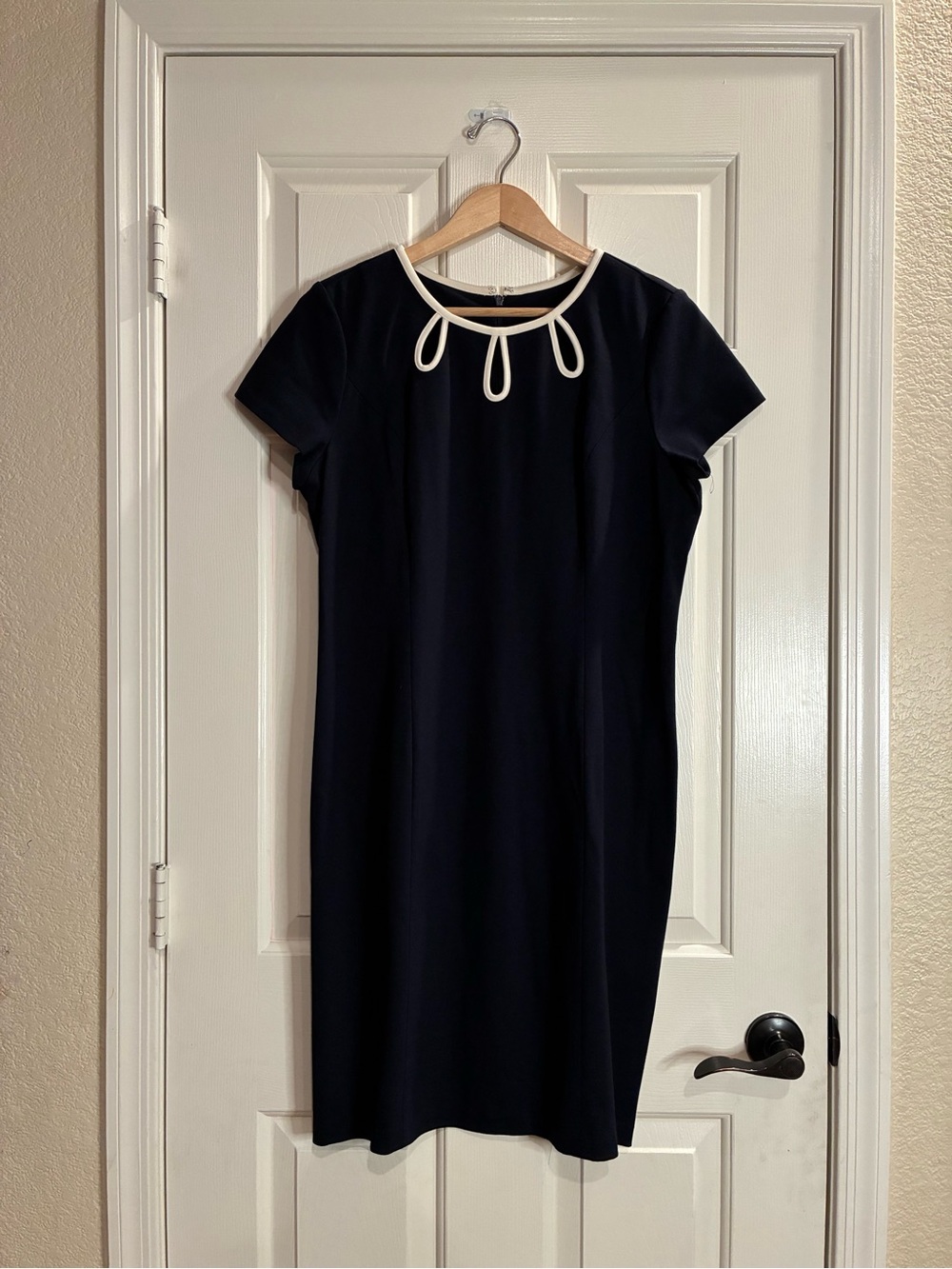 Talbots Navy Midi Dress with Cream Neckline Loop Detail